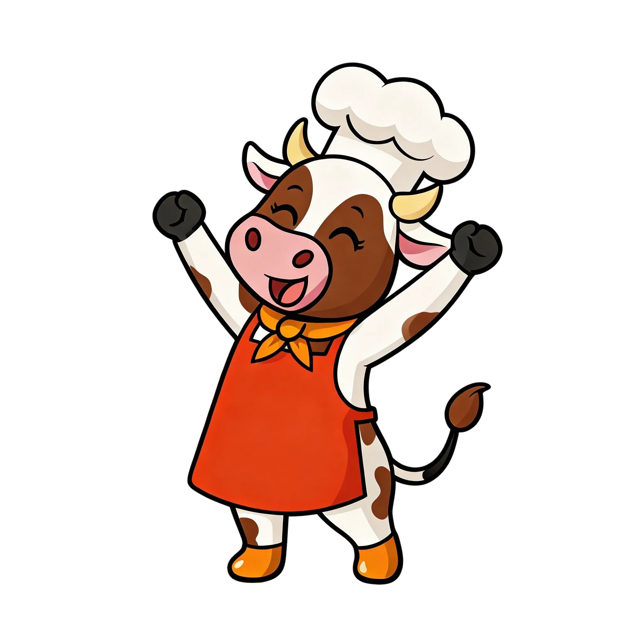 Vaca mascota celebrando con manos alzadas
