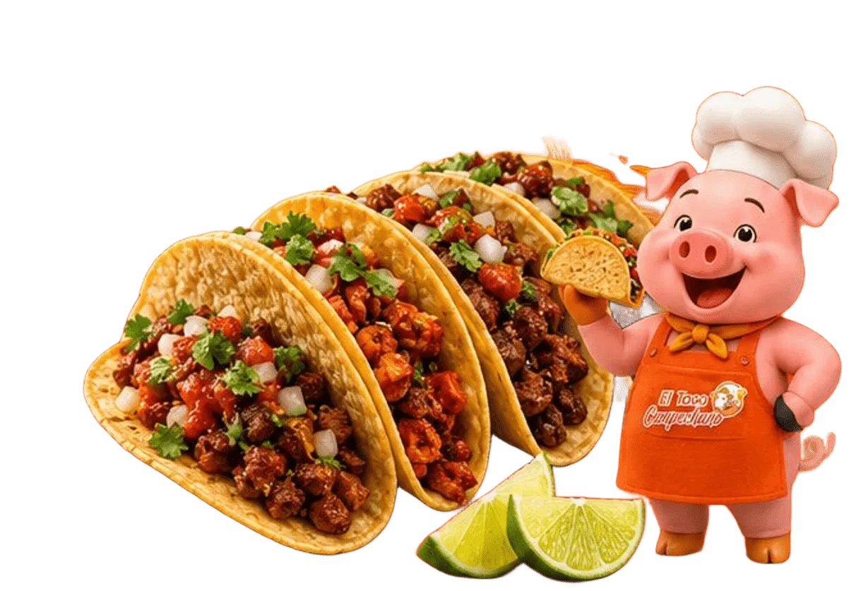 Chef cerdito ofreciendo tacos
